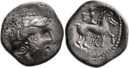 CARPATHIAN REGION. Uncertain tribe. Circa 2nd century BC. Drachm (Silver, 16 mm, 2.94 g, 12 h), 'Audoleon monogram' type. Celticized laureate head of ...