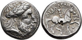 MIDDLE DANUBE. Uncertain tribe. Circa 2nd century BC. Tetradrachm (Silver, 23 mm, 13.29 g, 6 h), imitating Audoleon of Paeonia. Laureate head of Zeus ...