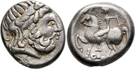 MIDDLE DANUBE. Uncertain tribe. 2nd century BC. Tetradrachm (Silver, 22 mm, 10.86 g, 12 h), 'Ohrlocke' type. Celticized laureate head of Zeus to right...