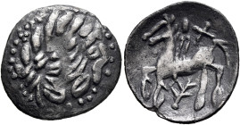 MIDDLE DANUBE. Uncertain tribe. 2nd century BC. 'Drachm' (Billon, 19 mm, 1.60 g), 'Kreuzelreiter mit Beizeichen' type. Celticized laureate head of Zeu...