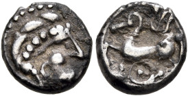 MIDDLE DANUBE. Uncertain tribe. 2nd century BC. Obol (Silver, 9 mm, 0.86 g, 12 h), 'Leierblume' type, imitating Philip II of Macedon. Celticized diade...