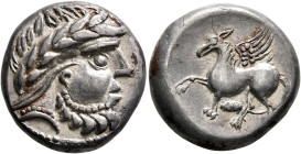 MIDDLE DANUBE. Uncertain tribe. 2nd-1st centuries BC. Tetradrachm (Silver, 22 mm, 11.81 g, 4 h), 'Pegasos' type. Celticized laureate head of Zeus to r...