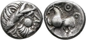 MIDDLE DANUBE. Uncertain tribe. 2nd-1st centuries BC. Tetradrachm (Silver, 22 mm, 11.22 g, 12 h), 'Kugelwange' type. Celticized laureate head of Zeus ...