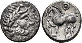 MIDDLE DANUBE. Uncertain tribe. 2nd-1st century BC. Drachm (Silver, 16 mm, 2.20 g, 6 h), 'Kugelwange' type. Celticized laureate head of Zeus to right....