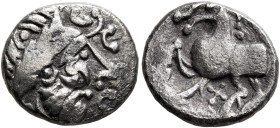 MIDDLE DANUBE. Uncertain tribe. 2nd-1st century BC. Drachm (Silver, 14 mm, 2.52 g, 12 h), 'Kugelwange' type. Celticized laureate head of Zeus to right...