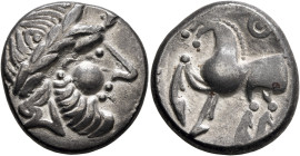 MIDDLE DANUBE. Uncertain tribe. 2nd-1st centuries BC. Tetradrachm (Silver, 24 mm, 9.10 g, 1 h), 'Kugelwange' type. Celticized laureate head of Zeus to...