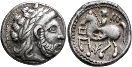 LOWER DANUBE. Uncertain tribe. Circa 3rd century BC. Tetradrachm (Silver, 24 mm, 12.13 g, 9 h), 'Rad-Kontermarke' type, imitating Philip II of Macedon...