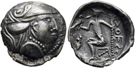 LOWER DANUBE. Uncertain tribe. Circa 2nd century BC. Drachm (Silver, 17 mm, 2.84 g, 12 h), 'Drachmen mit Pallaskopf' type. Celticized helmeted head of...