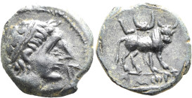 SPAIN. Castulo. Early 1st century BC. Semis (Bronze, 18 mm, 3.25 g, 5 h). Diademed male head to right; to right, Iberian 'ka'. Rev. Bull standing righ...