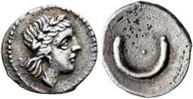 SPAIN. Emporion. 3rd century BC. Hemiobol (Silver, 10 mm, 0.42 g, 5 h). Laureate head of Apollo to right. Rev. Pellet within crescent. CNH 6. SNG BM S...