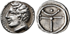 SPAIN. Emporion. 3rd century BC. Obol (Silver, 9 mm, 0.55 g, 6 h). Female head to left. Rev. Wheel consisting of three spokes and crescent with pellet...