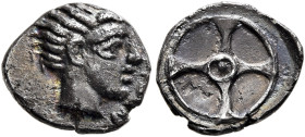 GAUL. Massalia. Circa 450-410 BC. Obol (Silver, 10 mm, 0.77 g). [ΛΑ]ΚΥΔΩΝ Horned head of Lakydon to right. Rev. Wheel of four spokes. Depeyrot 5. Maur...