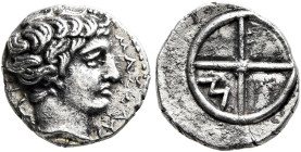 GAUL. Massalia. Circa 410-380 BC. Obol (Silver, 10 mm, 0.83 g, 6 h). MAΣΣAΛIΩΤ Bare head of Apollo to right. Rev. Wheel of four spokes; M in one quart...