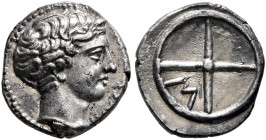 GAUL. Massalia. Circa 410-380 BC. Obol (Silver, 10 mm, 0.77 g, 6 h). MAΣΣAΛI Bare head of Apollo to right. Rev. Wheel of four spokes; M in one quarter...