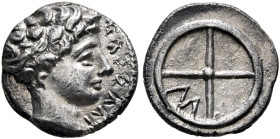 GAUL. Massalia. Circa 410-380 BC. Obol (Silver, 10 mm, 0.69 g, 8 h). MAΣΣAΛI Bare head of Apollo to right. Rev. Wheel of four spokes; M in one quarter...