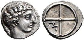 GAUL. Massalia. Circa 410-380 BC. Obol (Silver, 10 mm, 0.78 g, 6 h). MAΣΣA[ΛI] - N (?) Bare head of Apollo to right. Rev. Wheel of four spokes; M in o...