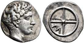 GAUL. Massalia. Circa 410-380 BC. Obol (Silver, 10 mm, 0.89 g, 11 h). Bare head of Apollo to right. Rev. Wheel of four spokes; M in one quarter. Depey...
