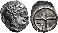 GAUL. Massalia. Circa 410-380 BC. Obol (Silver, 11 mm, 0.70 g, 3 h). Bare head of Apollo to right; behind, AΣI (?). Rev. Wheel of four spokes; M in on...