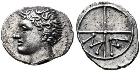 GAUL. Massalia. Circa 336-310 BC. Obol (Silver, 11 mm, 0.52 g, 12 h). Bare head of Apollo to left. Rev. Wheel of four spokes; M-A in quarters. Depeyro...