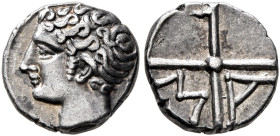 GAUL. Massalia. Circa 336-310 BC. Obol (Silver, 9 mm, 0.66 g, 6 h). Bare head of Apollo to left. Rev. Wheel of four spokes; M-A in quarters. Depeyrot ...