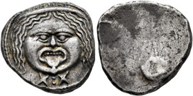 ETRURIA. Populonia. Circa 300-250 BC. 20 Asses (Silver, 21 mm, 7.91 g). Diademed facing head of Metus with protruding tongue; below, X:X (mark of valu...