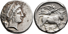CAMPANIA. Neapolis. Circa 320-300 BC. Didrachm or Nomos (Silver, 20 mm, 7.34 g, 9 h), Diophanes, magistrate. Diademed head of a nymph to right, wearin...