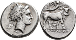 CAMPANIA. Neapolis. Circa 300-275 BC. Didrachm or Nomos (Silver, 21 mm, 7.21 g, 11 h), Parme..., magistrate. Diademed head of a nymph to right, wearin...