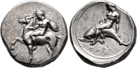 CALABRIA. Tarentum. Circa 390-385 BC. Didrachm or Nomos (Silver, 23 mm, 7.79 g, 4 h). Nude youth, shield on right arm, on horse pracing left. Rev. TAP...