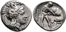 CALABRIA. Tarentum. Circa 380-325 BC. Diobol (Silver, 12 mm, 1.19 g, 3 h). Head of Athena to right, wearing crested Attic helmet adorned with a hippoc...