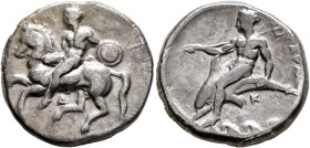 CALABRIA. Tarentum. Circa 344-340 BC. Didrachm or Nomos (Silver, 21 mm, 7.67 g, 6 h). Nude warrior, holding spear and round shield in his left hand, d...