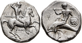 CALABRIA. Tarentum. Circa 315-302 BC. Didrachm or Nomos (Silver, 20 mm, 7.67 g, 2 h), Dai... and Phi..., magistrates. Nude, helmeted rider on horse ga...