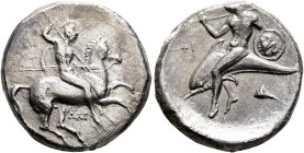 CALABRIA. Tarentum. Circa 315-302 BC. Didrachm or Nomos (Silver, 21 mm, 7.58 g, 12 h), Dai... and Phi..., magistrates. Nude, helmeted rider on horse g...