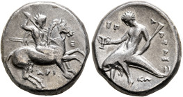 CALABRIA. Tarentum. Circa 315-302 BC. Didrachm or Nomos (Silver, 20 mm, 7.72 g, 12 h), Ari..., Ep... and Kl..., magistrates. Nude rider on horse gallo...