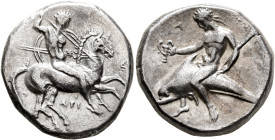 CALABRIA. Tarentum. Circa 315-302 BC. Didrachm or Nomos (Silver, 21 mm, 7.79 g, 9 h), Ari... and A..., magistrates. Nude rider on horse galloping to r...