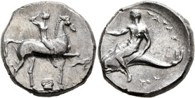 CALABRIA. Tarentum. Circa 302 BC. Didrachm or Nomos (Silver, 21 mm, 7.86 g, 6 h), Sa... and Kon..., magistrates. Nude youth on horseback to right, cro...