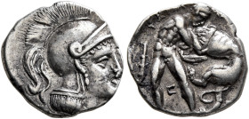 CALABRIA. Tarentum. Circa 325-280 BC. Diobol (Silver, 14 mm, 1.15 g, 12 h). Head of Athena to right, wearing crested Attic helmet. Rev. ΤΑΡΑΝ Herakles...