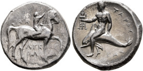 CALABRIA. Tarentum. Circa 302-280 BC. Didrachm or Nomos (Silver, 21 mm, 7.80 g, 6 h), Arethon, Sa... and Cas..., magistrates. Nude youth riding horse ...