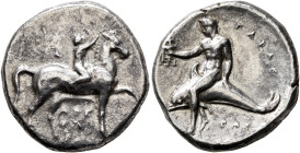 CALABRIA. Tarentum. Circa 302-280 BC. Didrachm or Nomos (Silver, 22 mm, 7.68 g, 5 h), Arethon, Sa... and Cas..., magistrates. Nude youth riding horse ...