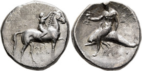 CALABRIA. Tarentum. Circa 302-280 BC. Didrachm or Nomos (Silver, 21 mm, 7.43 g, 2 h), Arethon, Sa... and Cas..., magistrates. Nude youth riding horse ...