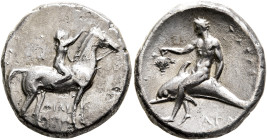 CALABRIA. Tarentum. Circa 302-280 BC. Didrachm or Nomos (Silver, 21 mm, 7.47 g, 6 h), Philiarchos, Sa... and Aga..., magistrates. Nude youth riding ho...