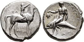 CALABRIA. Tarentum. Circa 302-280 BC. Didrachm or Nomos (Silver, 20 mm, 7.71 g, 4 h), Philiarchos, Sa... and Aga..., magistrates. Nude youth riding ho...