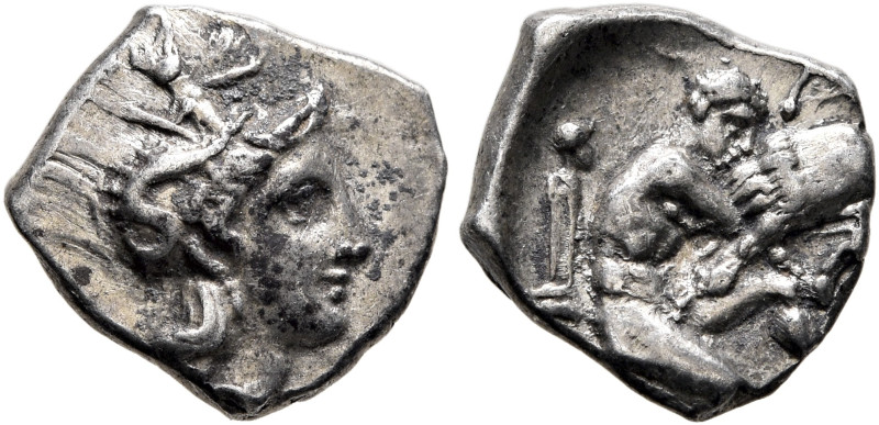 CALABRIA. Tarentum. Circa 302-280 BC. Diobol (Silver, 12 mm, 1.22 g, 3 h). Head ...