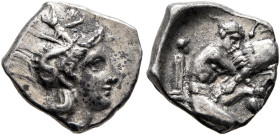 CALABRIA. Tarentum. Circa 302-280 BC. Diobol (Silver, 12 mm, 1.22 g, 3 h). Head of Athena to right, wearing crested Corinthian helmet adorned with Sky...