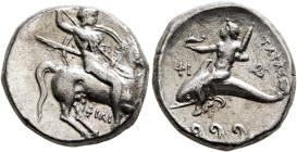 CALABRIA. Tarentum. Circa 290-281 BC. Didrachm or Nomos (Silver, 19 mm, 7.73 g, 9 h), Phili... and Phi..., magistrates. Nude, helmeted rider on horse ...