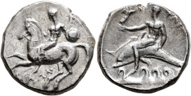 CALABRIA. Tarentum. Circa 280-272 BC. Didrachm or Nomos (Silver, 20 mm, 7.67 g, 12 h), Philon and Eu..., magistrates. Nude warrior on horseback left, ...