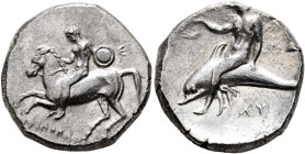 CALABRIA. Tarentum. Circa 280-272 BC. Didrachm or Nomos (Silver, 20 mm, 7.69 g, 7 h), Philokles, Si... and Ly..., magistrates. Nude warrior on horseba...