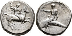 CALABRIA. Tarentum. Circa 280-272 BC. Didrachm or Nomos (Silver, 21 mm, 7.65 g, 12 h), Deinokrates and Si..., magistrates. Nude rider on horse gallopi...