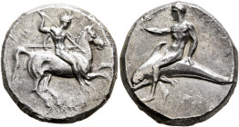 CALABRIA. Tarentum. Circa 280-272 BC. Didrachm or Nomos (Silver, 20 mm, 7.45 g, 1 h), Deinokrates and Si..., magistrates. Nude rider on horse gallopin...