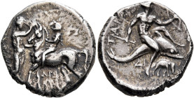 CALABRIA. Tarentum. Circa 280-272 BC. Didrachm or Nomos (Silver, 21 mm, 6.46 g, 12 h), Aristip..., Gy... and Di..., magistrates. Nude youth on horseba...