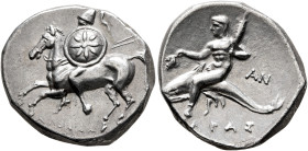 CALABRIA. Tarentum. Circa 280-272 BC. Didrachm or Nomos (Silver, 21 mm, 6.41 g, 3 h), Apollo... and An..., magistrates. Helmeted warrior on horse gall...